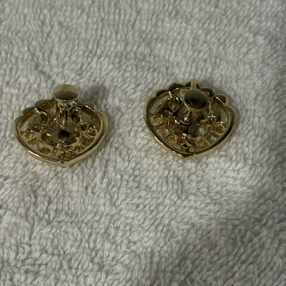 Vintage Gold-Tone Filigree Screw Back Earrings with Blue Rhinestones - Picture 6 of 9